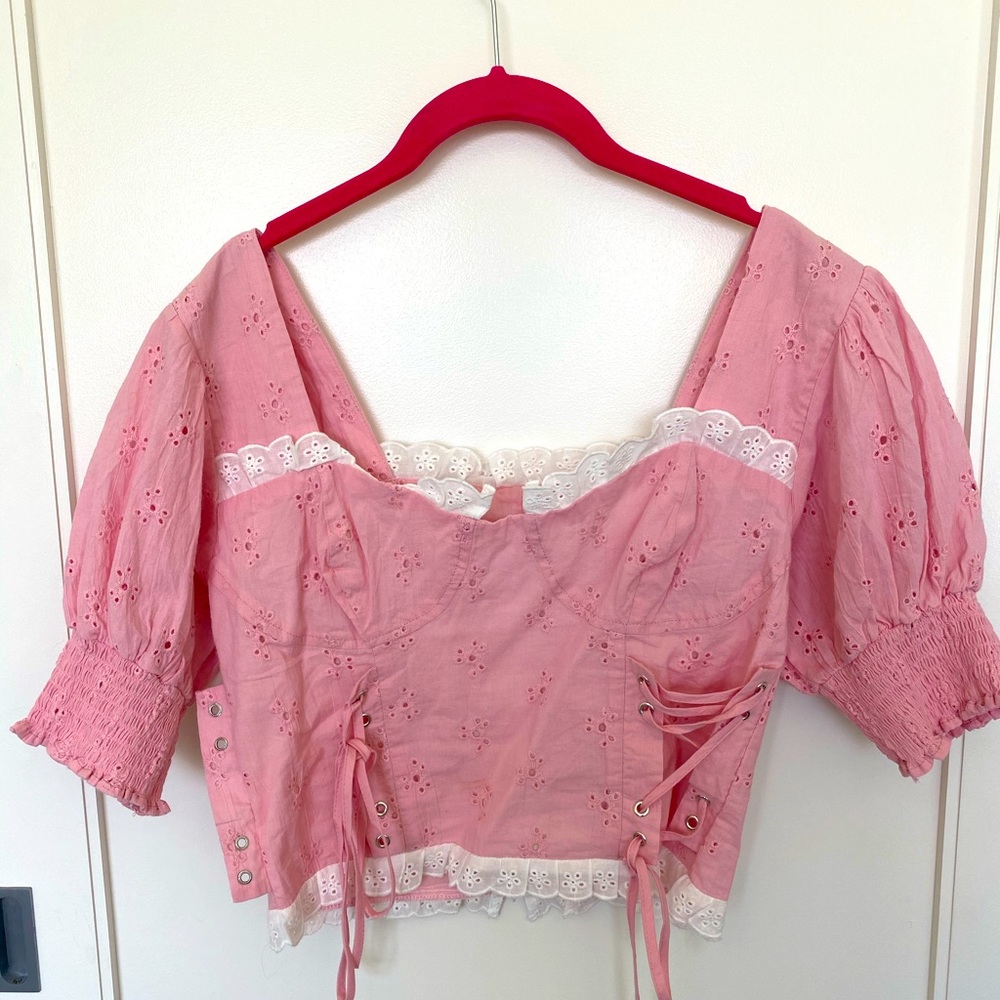 Strangers and Lovers Pink Lace Up Top